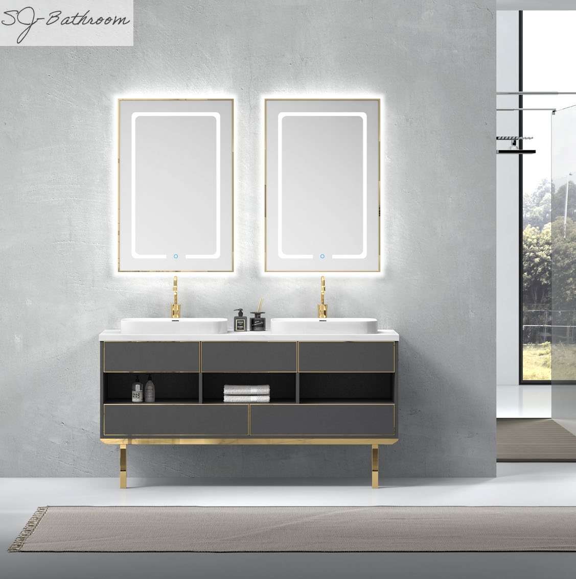 Double LED mirrors freestanding hot-sale modern bathroom cabinet with wash basin SJ-2020
