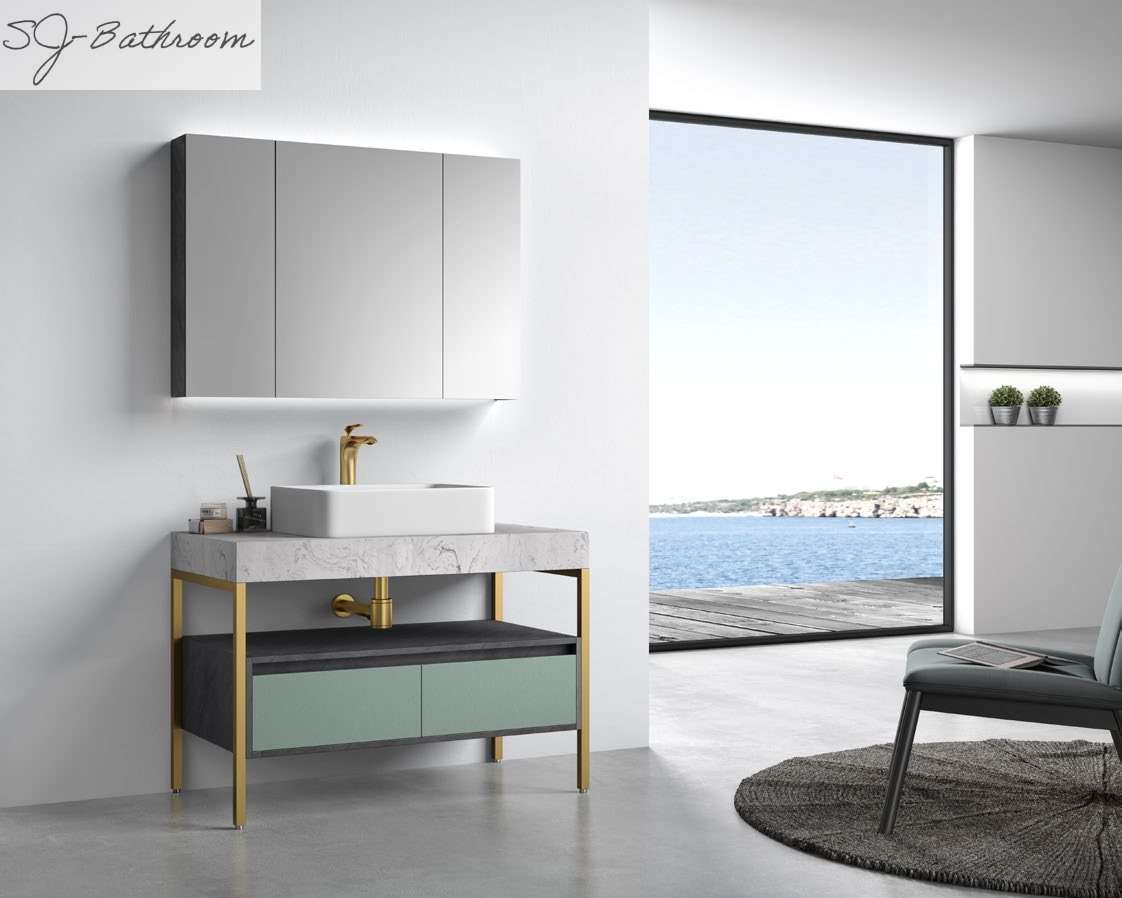 SJ-NPD29 Popular Freestanding Bathroom Cabinet with metal legs and LED mirror cabinet